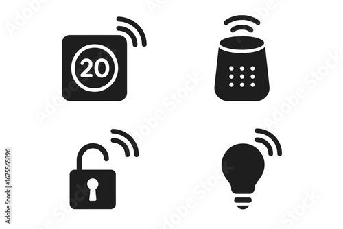 Smart home solid glyph icon set. Home automation vector icons. IoT devices concept. Wireless connected technology symbols. Smart speaker, thermostat, light, lock pictogram.