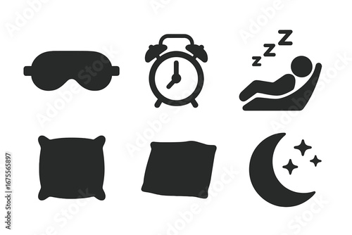Sleep and rest solid glyph icon set. Bedtime and relaxation symbols. Napping person, sleep mask, alarm clock, pillow, moon and stars. Insomnia or sweet dreams concept vector.