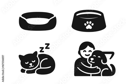 Pet care solid icon set. Vector glyphs of sleeping cat, person hugging dog, comfortable pet bed, and water bowl. Animal love, friendship, relaxation, domestic life concept.