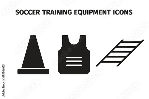 Soccer training equipment icon set. Football practice gear solid glyphs. Vector symbols for sport drills, cone, agility ladder, and training bib or vest for workout.