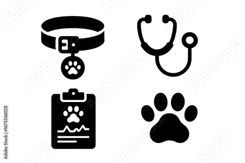 Pet safety and wellness icon set. Solid glyph icons for vet clinic, animal hospital. Vector illustration of collar, ID tag, stethoscope, pet health chart, and paw print symbol.