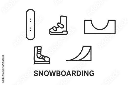 Snowboarding winter sport outline icon set. Minimalist vector illustration of snowboard, boots, bindings, halfpipe and ramp for snowpark. Extreme sports gear symbols.