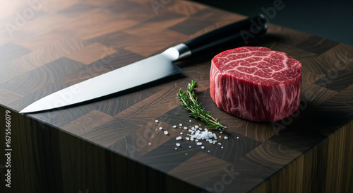 Premium raw wagyu filet mignon steak with a chef knife, thyme, and sea salt on a wooden cutting board.