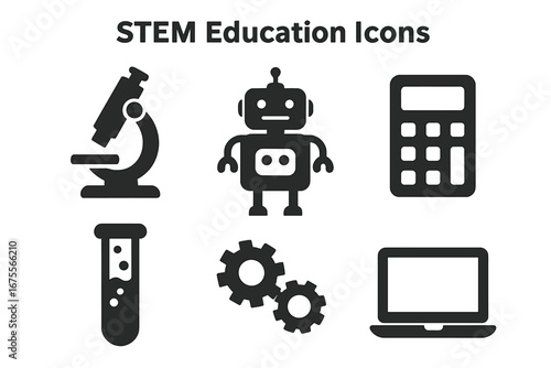STEM education icon set. Science, technology, engineering, math concepts. Vector glyph collection with microscope, robot, calculator, test tube, gears, and laptop symbols.