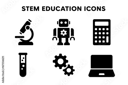 STEM education solid glyph icon set. Science, technology, engineering, math symbols. Vector collection of microscope, robot, calculator, test tube, gears, laptop computer.