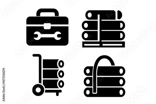 Pipework solid icon set. Plumbing glyph vector collection. Industrial tools for construction. Pipe storage, transport, pipe rack, dolly, toolbox, and carry strap concept.