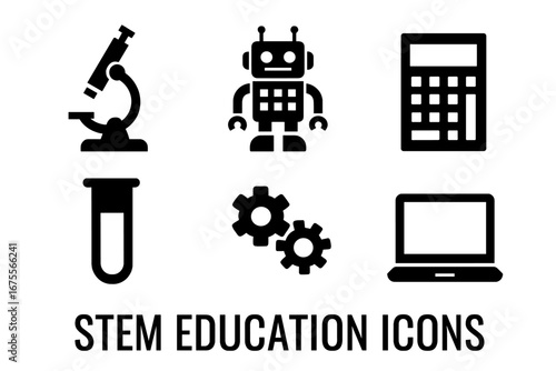 STEM education solid icon set. Science, technology, engineering, math concepts. Vector glyphs of microscope, robot, calculator, test tube, gears, and laptop for learning.