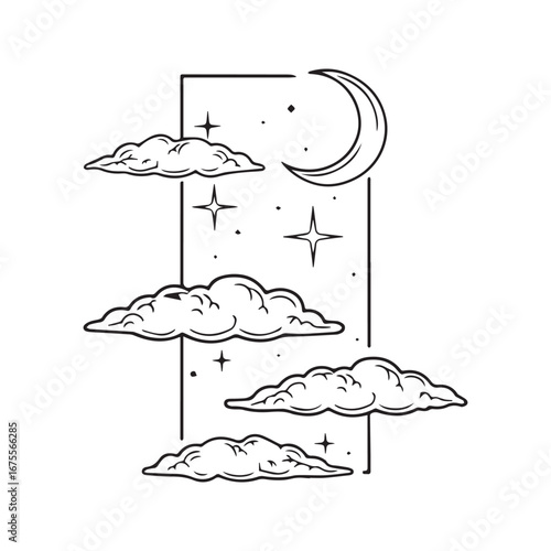 Minimalist line art of a crescent moon, stars, and clouds in a framed night sky. Celestial vector illustration, esoteric symbol, tattoo design.
