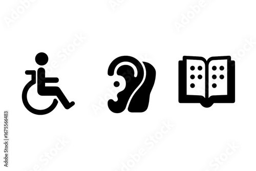 Disability and accessibility solid icon set. Special needs support symbols. Wheelchair for mobility, hearing aid for deaf people, and braille book for the blind. Inclusion concept vector.
