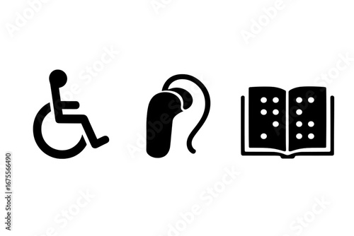 Special needs and disability solid icon set. Accessibility symbols for diverse impairments. Wheelchair for mobility, hearing aid for deafness, and Braille book for blindness vector.