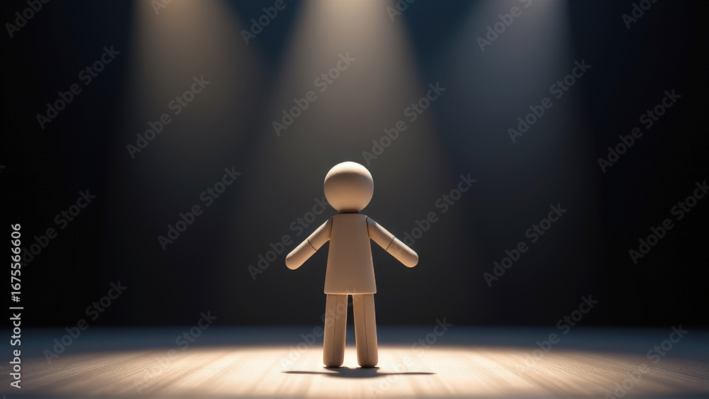Obraz premium A wooden figure stands under spotlight on a stage, embodying creativity and expression in an artistic setting.