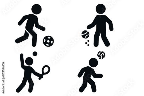 Sports icon set. Vector pictograms of athletes playing games. Soccer dribble, basketball bounce, tennis serve, volleyball action. Solid black silhouette of players.