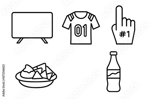 Sports party outline icon set. Game day viewing party essentials. TV, football jersey, number one foam finger, nachos and soda. Vector linear icons for fan celebration.