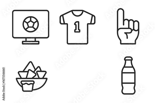 Sports party line icon set. Football game day viewing concept. TV screen, team jersey, foam finger, nachos snack and soda drink. Vector outline supporter symbols collection.