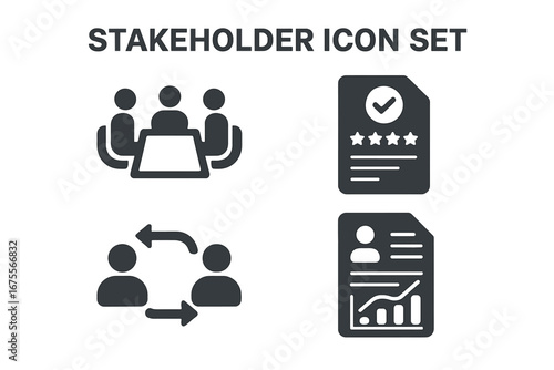 Stakeholder solid icon set. Business management, engagement, meeting, collaboration, feedback, satisfaction survey, communication, performance analysis and report vector icons.