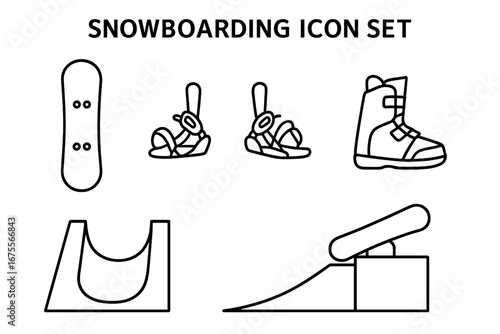 Snowboarding icon set. Winter sports elements. Vector line art of snowboard, boots, bindings, halfpipe, kicker ramp, rail. Freestyle snowpark equipment and gear outline icons.