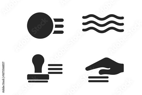 Postmark and stamp cancellation icon collection. Solid vector glyph set with circular date stamp, wavy lines, hand stamper, and manual mark. Mail, postage, and post office symbols.