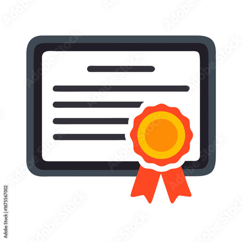Certificate with orange ribbon and dark frame in flat icon