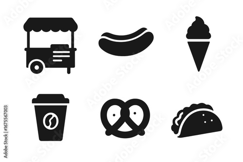 Street food solid glyph icon set. Food cart, vendor, hot dog, ice cream, coffee, pretzel, taco symbols. Fast food pictogram collection. Vector minimal illustration.