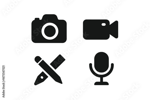Social media solid icon set for content creation. Photo camera, video recorder, microphone and editing tool symbols. Minimalist glyphs for blogging, vlogging and multimedia.