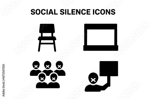 Social silence icon set. Censorship, protest and freedom of speech metaphor. Muted crowd with closed mouths, empty chair, vacant stage and blank sign vector illustration.