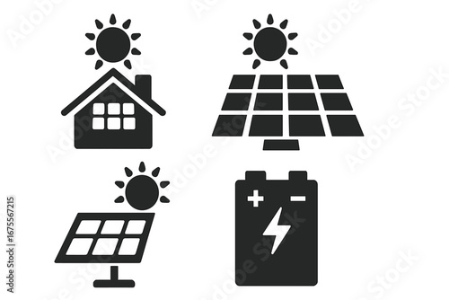 Solar power icons set. Solid glyph symbols of renewable green energy. Concepts for rooftop solar, solar farm, sun tracker and battery storage. Vector isolated on white background.