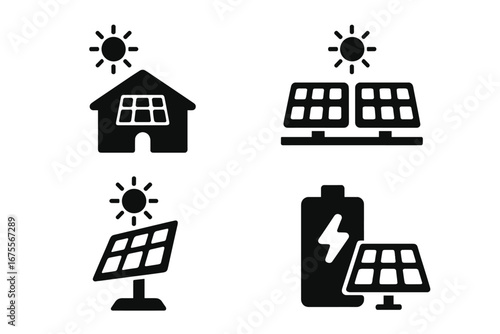 Solar power solid glyph icons set. Vector symbols for renewable energy projects. Rooftop solar panel on house, solar farm, sun tracker, and battery storage system concept.