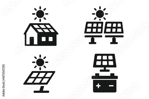 Solar power icons set. Solid glyph vector collection of renewable energy concepts. Rooftop solar, home panel, solar farm, sun tracker and battery storage for electricity.