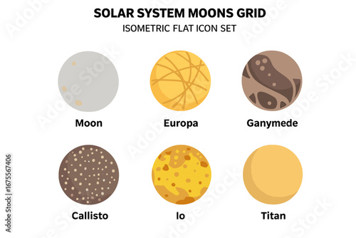 Solar system moons vector icon set. Isometric flat design of major satellites: Moon, Europa, Ganymede, Callisto, Io, Titan. Astronomy science infographic elements.