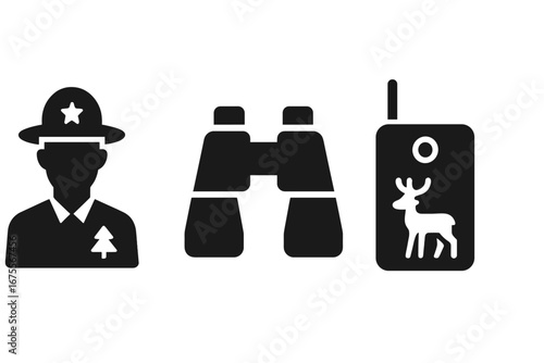 Wildlife conservation solid icon set. Forest park ranger, binoculars, and wildlife camera trap for animal monitoring and protection. Vector glyph illustration for nature ecology.