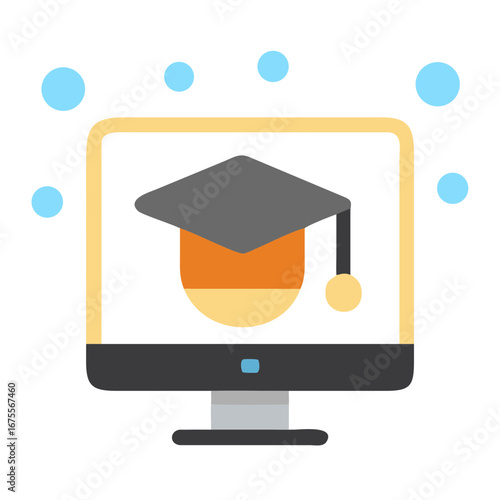 Computer monitor with graduation cap in flat colorful design