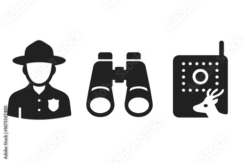 Wildlife conservation solid icon set. Forest ranger, binoculars, wildlife camera. Vector symbols for nature protection, animal observation, environmental monitoring efforts.