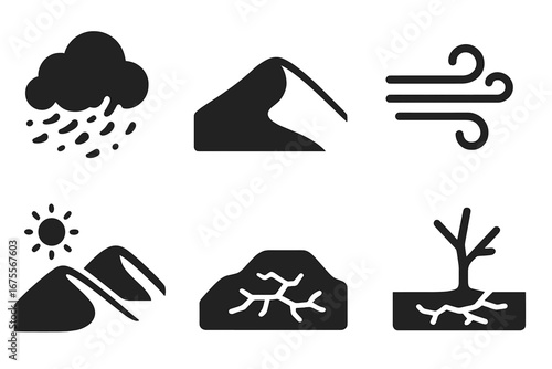 Wind erosion solid glyph icons set. Weather and climate change concept. Desertification, dust storm, sand dune, wind gust, desert, drought, dry cracked soil, barren land.