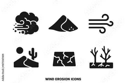 Wind erosion solid glyph icons set. Dust storm, sand dune, wind gust, desert landscape, cracked dry soil, barren land. Climate change, drought vector pictograms collection.