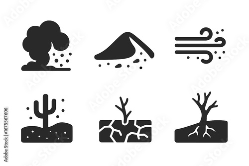 Wind erosion vector icon set. Climate change concept. Solid glyph collection of desertification, dust storm, sand dune, wind gust, desert, drought, dry cracked soil, barren.