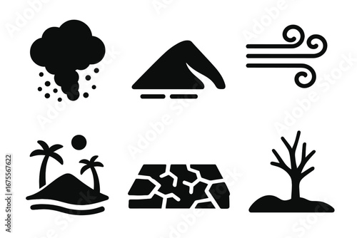 Wind erosion icon set. Solid glyphs showing dust storm, sand dune, wind gust, desert landscape, and barren land. Concepts for drought, climate change, and dry soil weather.