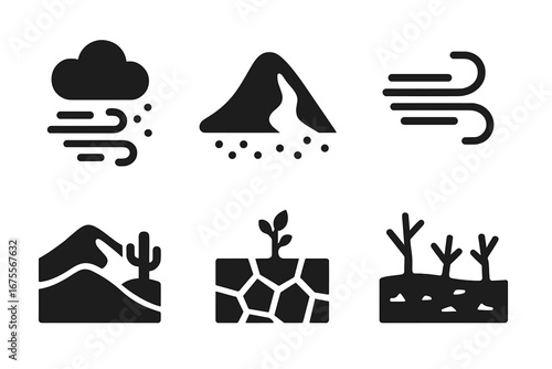 Wind erosion icon set. Solid glyphs of desertification, dust storm, sand dune, drought, and climate change. Vector illustration of dry soil, barren land, and wind gust.