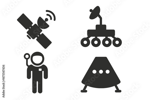 Space mission solid icons. Vector glyph set of space exploration. Astronaut, communication satellite, mars rover, capsule. Cosmos discovery, astronomy science silhouette symbols.