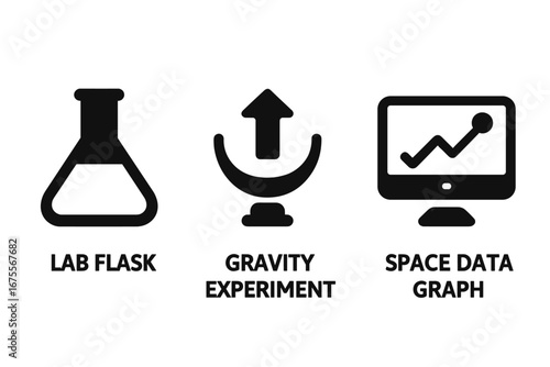 Science icon set. Physics, chemistry and data analysis symbols. Lab flask, gravity experiment, space research results graph on computer. Technology and discovery vector icons.