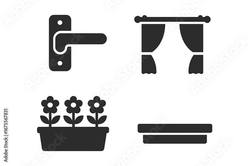 Window Details Icons Set with Solid Filled Style Including Window Latch, Curtain Rod with Drapes, Flower Box Planter, and Window Sill Vector Illustrations on Transparent Background