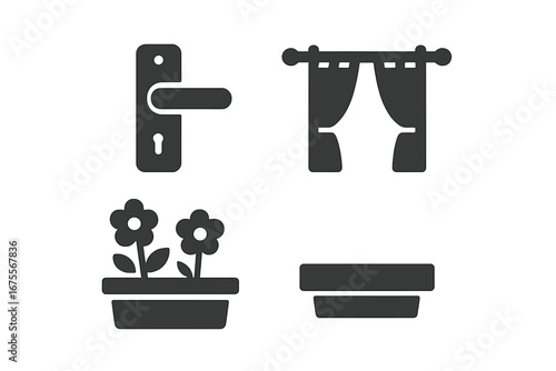 Solid filled vector window details icon set including window latch handle, curtain rod with curtains, flower box planter, and window sill illustration on transparent background