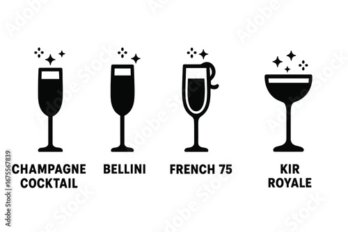 Sparkling cocktail solid filled icon set. Champagne cocktail, bellini, French 75, kir royale vector icons. Glyphs for bar menu, party, celebration, brunch, new year.
