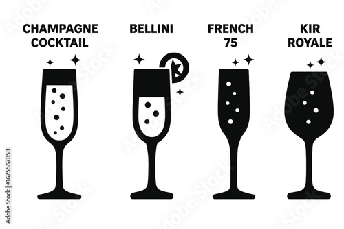Sparkling cocktail icon set. Champagne, Bellini, French 75, Kir Royale. Solid black filled vector glyphs for bar menu. Alcohol drink silhouette symbol for celebration.