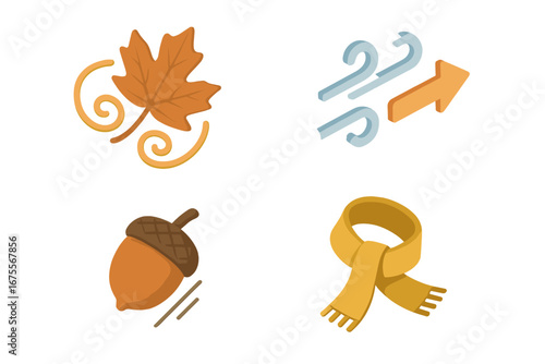 Isometric flat vector icons set of windy autumn day with swirling leaf, gust arrow, falling acorn, flying scarf, fall season weather symbols illustration
