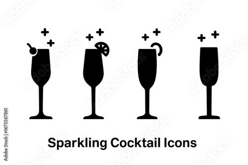 Sparkling cocktail icon set. Vector glyphs of champagne, Bellini, French 75, and Kir Royale. Bar menu silhouette symbols for celebration, party, new year's eve, and brunch.