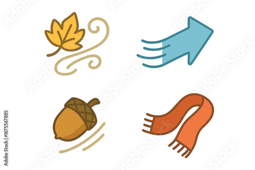 Windy Autumn Icons Vector Set, Isometric Flat Design of Gusty Fall Day Elements Including Swirling Leaf, Gust Arrow, Falling Acorn, and Flying Scarf Illustration