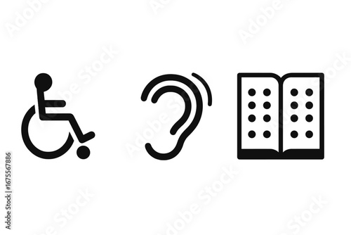 Disability icons set. Special needs support symbols. Wheelchair for mobility, hearing aid for auditory, and Braille book for vision impairment. Vector accessibility signs.