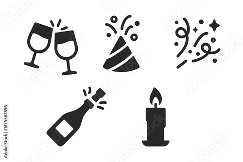 Wine Celebration Icons Set. Solid Filled Vector Illustrations of Wine Toast, Party Hat, Confetti, Bottle Popping, Candlelight for Festive and Party Designs