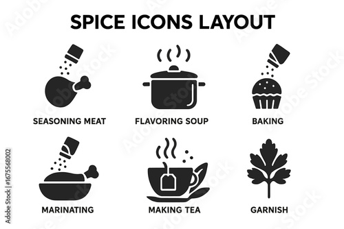 Cooking with spices glyph icon set. Seasoning meat, flavoring soup, baking, marinating poultry, making herbal tea, and garnishing. Food preparation vector pictograms.