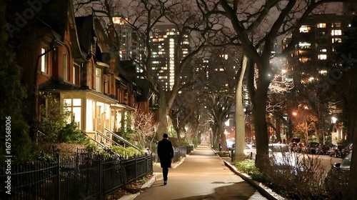 A quiet nighttime scene of a city street lined with elegant homes, illuminated by warm light and showcasing the tranquil ambiance of urban living.